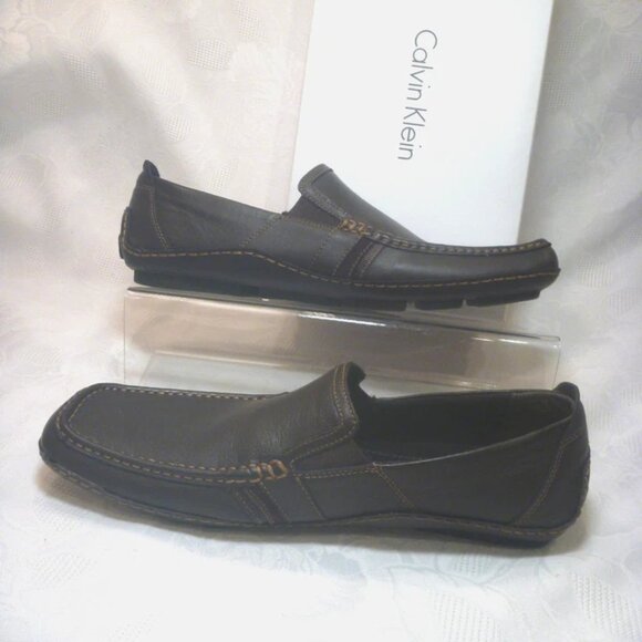 New Calvin Klein Men 13 M Driver Loafer Shoe Moccasin Brown Leather Nappa - Picture 3 of 11